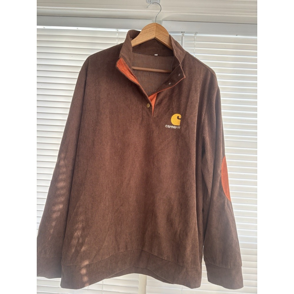 Carhartt WIP Corduroy Quarter Button Pullover Large Elbow Patches Brown VTg